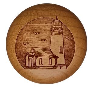 Vintage Wooden Nickel Myrtlewood Magnet Etched Lighthouse And Seagulls 2.25"